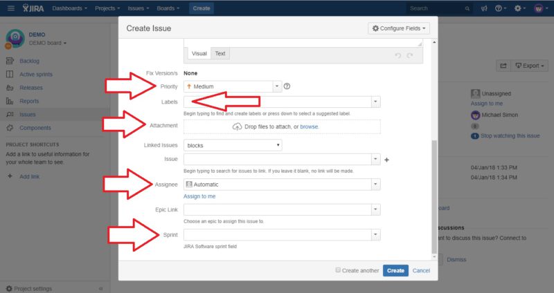 jira guide to set up an issue