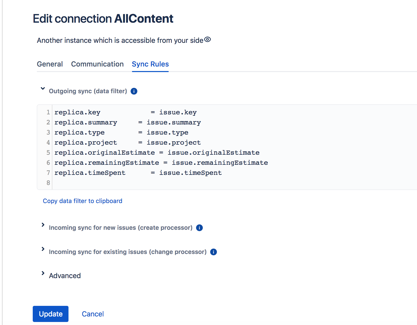 Jira Edit connection Allcontent