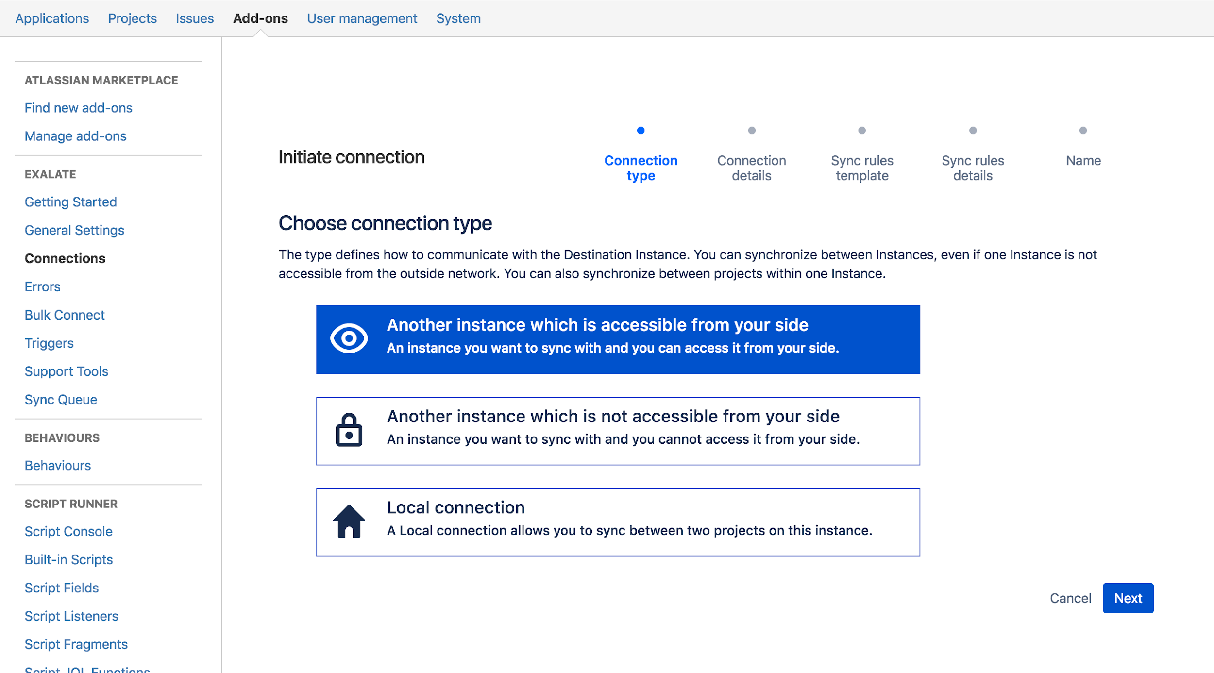 Jira add-ons connection type
