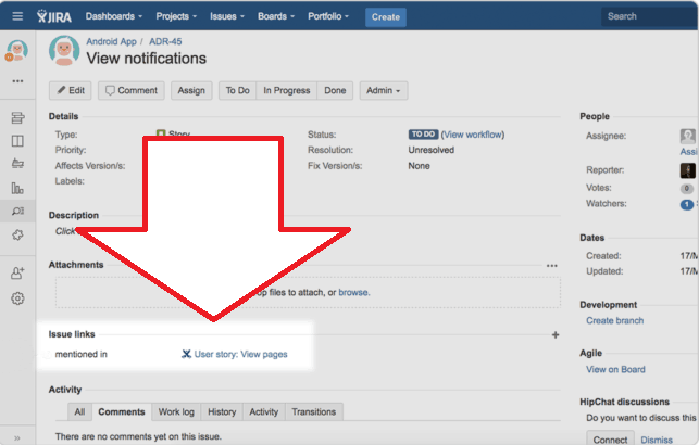 Confluence page mention on the relevant Jira issue