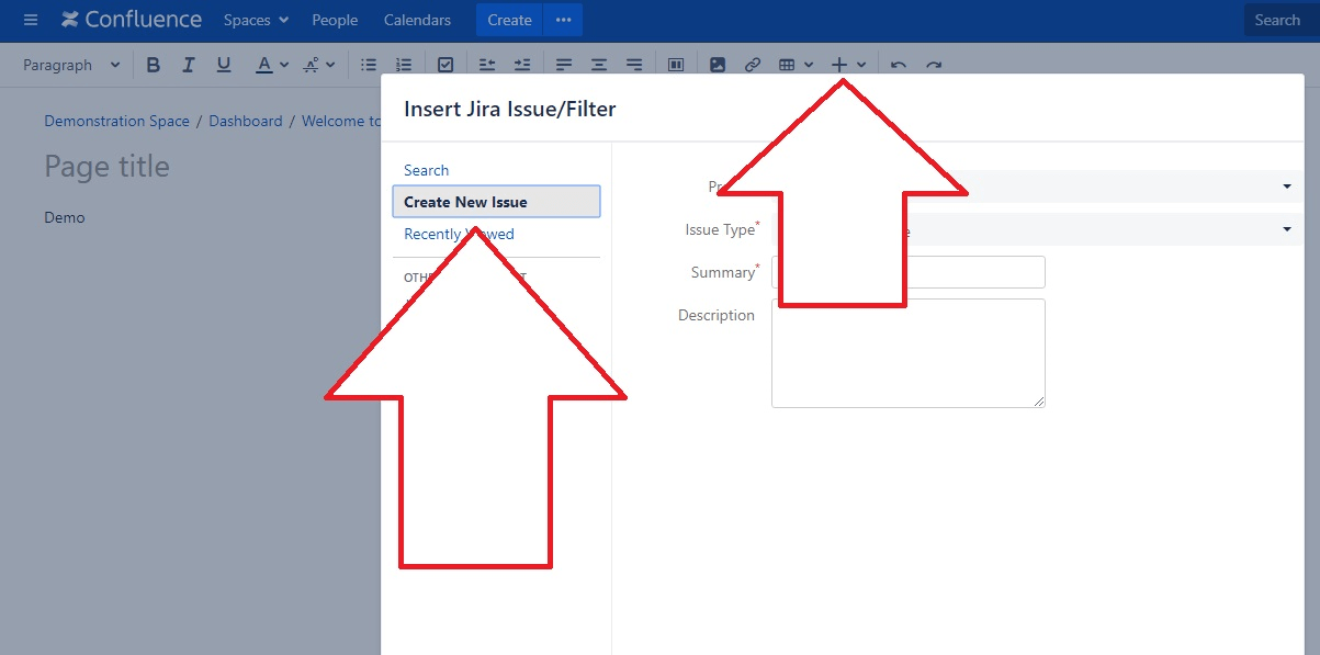 Jira issue from the Confluence editor