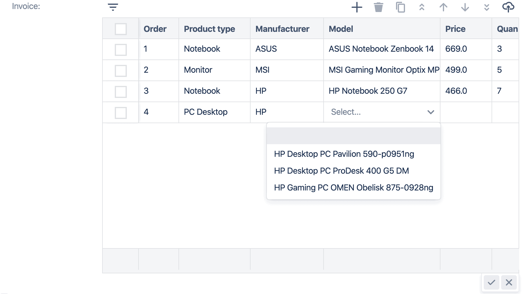 column value placeholders invoice table grid 