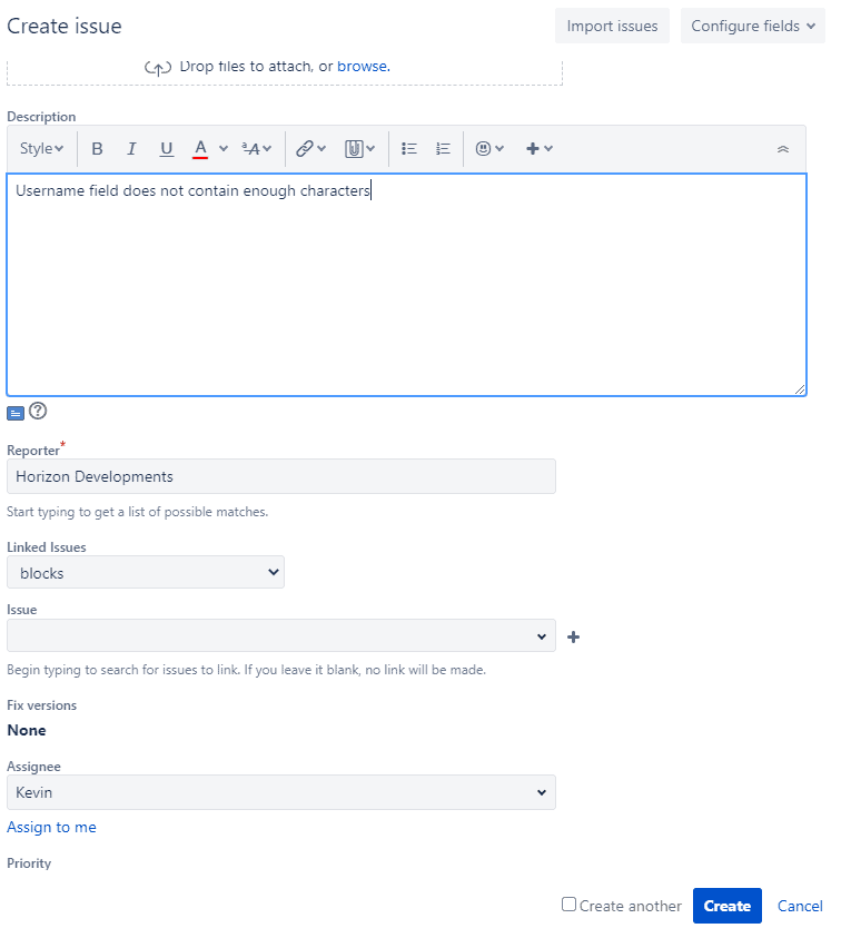 creating an issue in jira server 