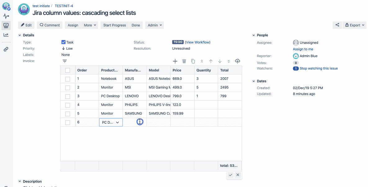 cascading select list in tables for jira