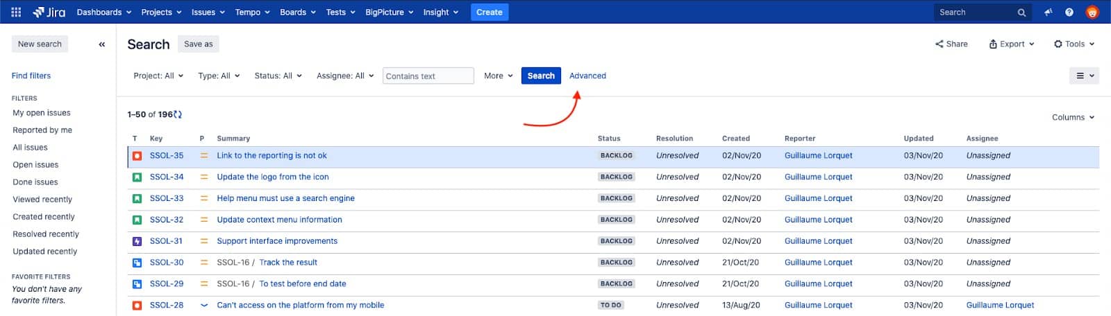 basic and advanced search filter in jira