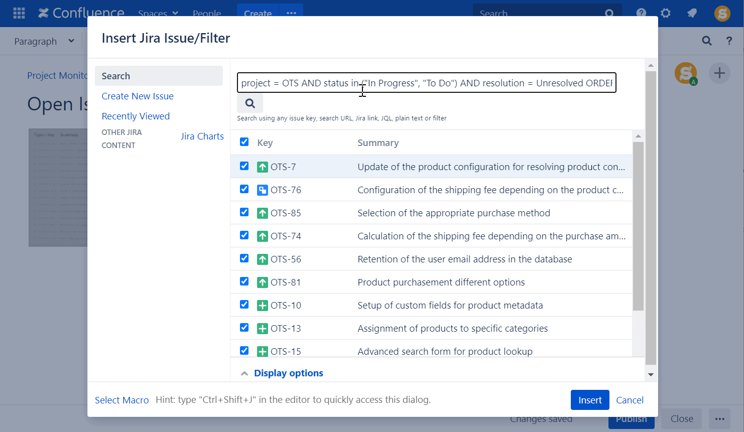 insert jira issue in confluence 