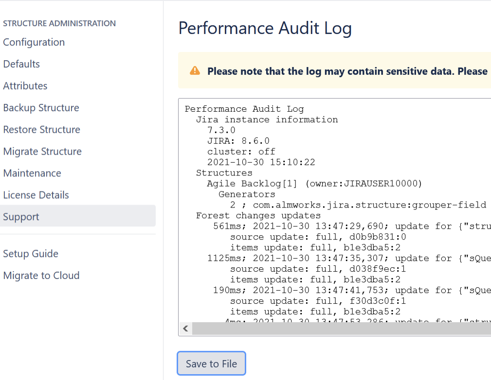 structure for jira performance audit log 