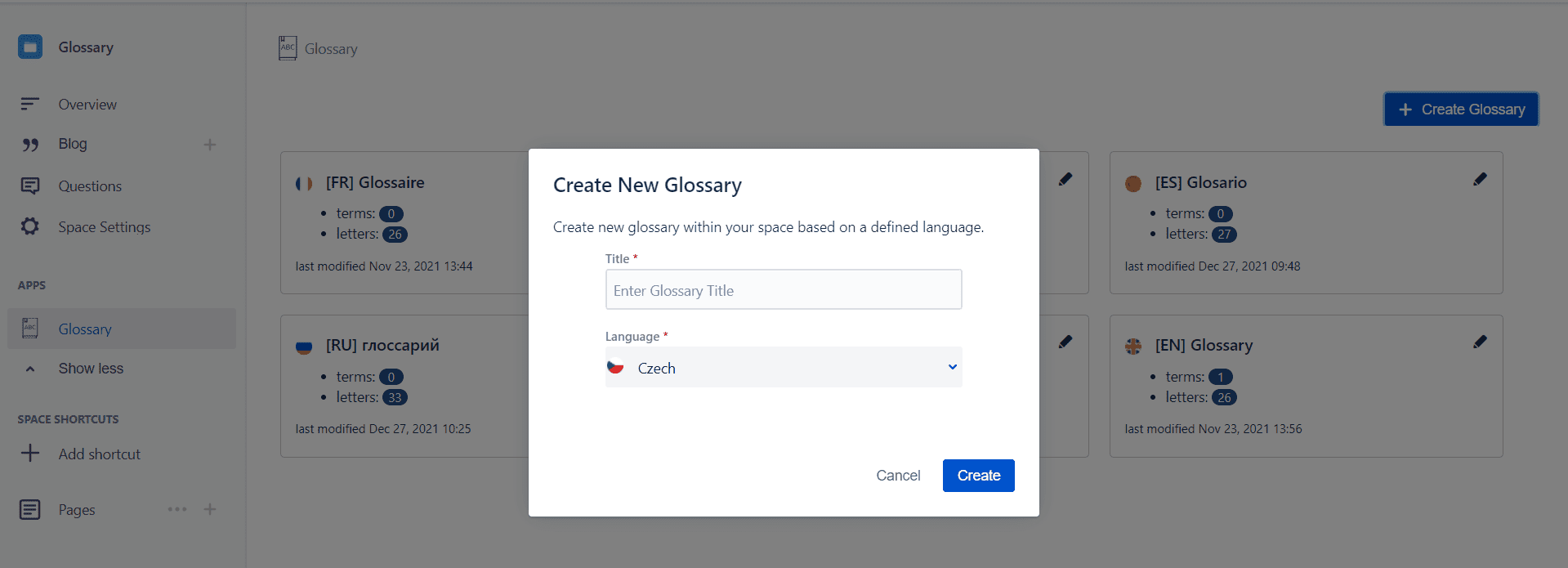 create new glossary for confluence