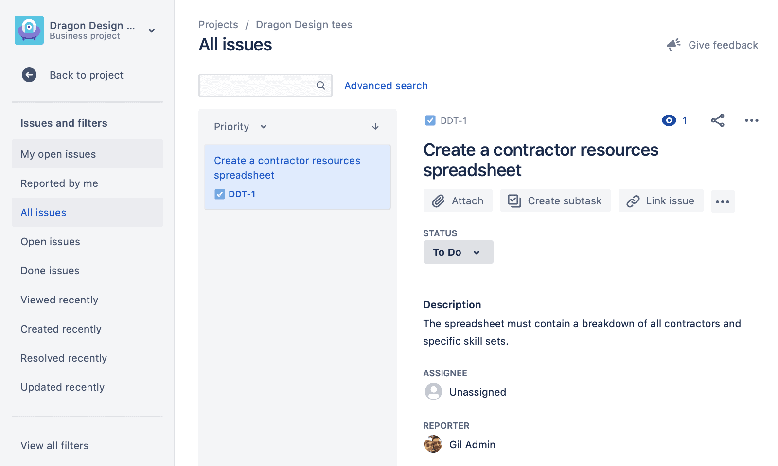 Jira work management project and issues